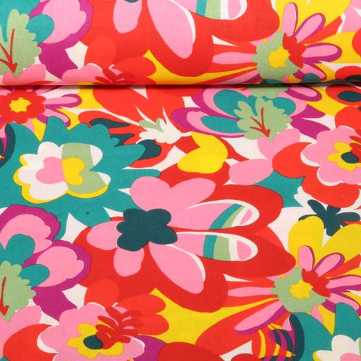 Baumwoll-Cretonne - Retroblumen Rot Multicolor