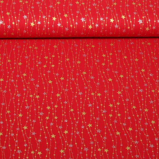 Baumwoll-Popeline - Sternenkette Rot Gold Silber