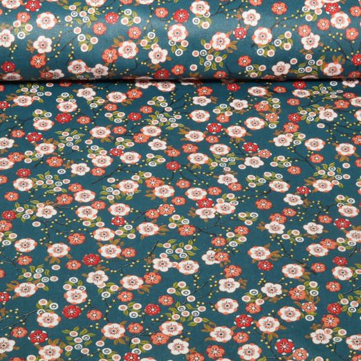 Beschichtete Baumwolle - Blumen Japan Petrol