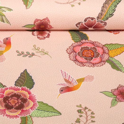Baumwoll-Canvas - Digitaldruck Blüten und Kolibris Rosa