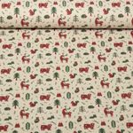 Toile de coton canevas - Effet lin Animaux de la forêt Beige