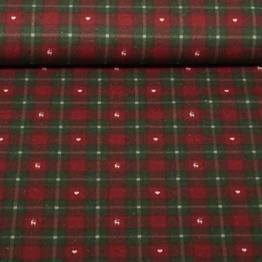 Baumwoll-Canvas - Leinenlook Karo Herzen Hirsche Rot Grün