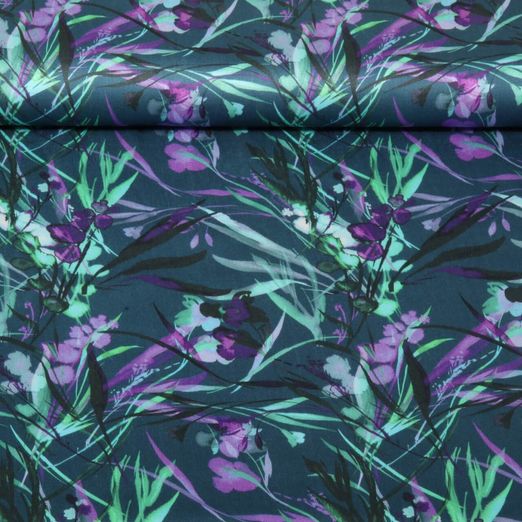 Viskose-Satin - Digitaldruck Blätter Petrol