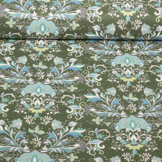 Baumwoll-Cretonne - Florale Ornamente Dunkelgrün