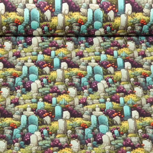 Sommersweat - French Terry Digitaldruck Halloween Gräber Multicolor