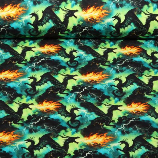 Sommersweat - French Terry Digitaldruck Drachen Grün