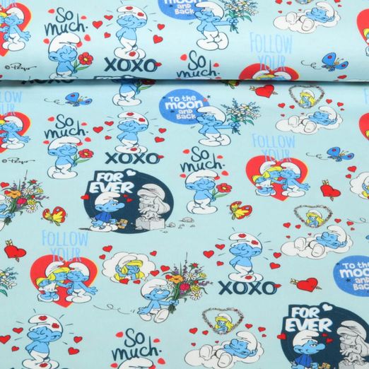 Jersey - Digitaldruck Schlumpf und Schlumpfine Hellblau