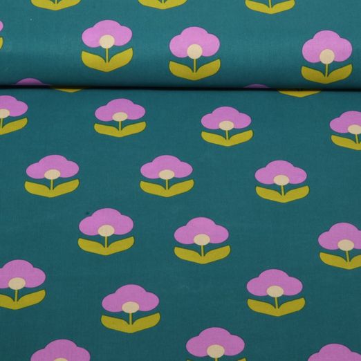 Beschichtete Baumwolle - Blumen Petrol