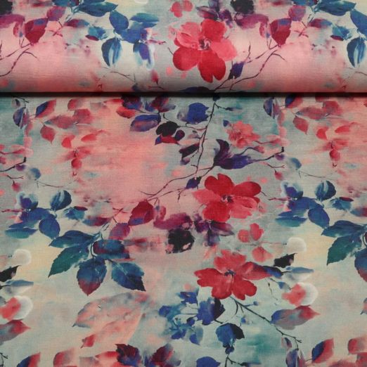 Bambusjersey - Digitaldruck Herbstblätter Blau