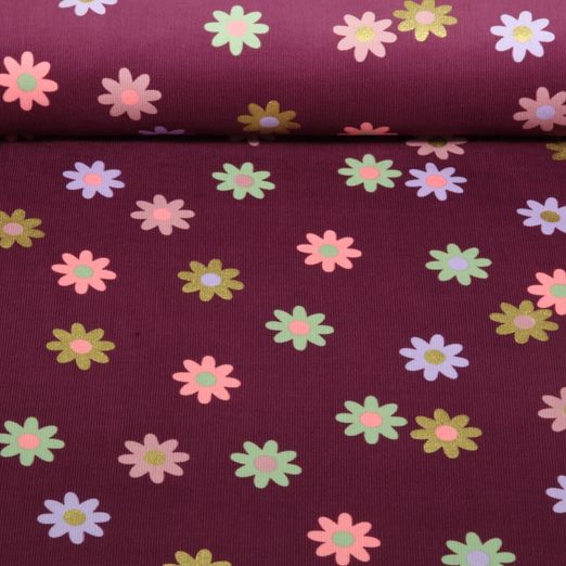 Babycord - Blumen Gold Bordeaux