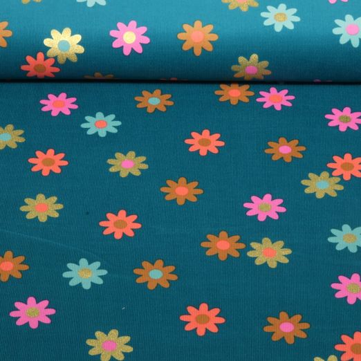 Babycord - Blumen Gold Petrol
