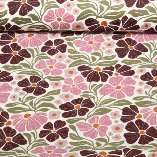 Babycord - Blüten Blätter Ecru