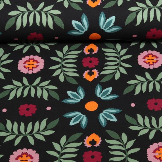 Sommersweat - French Terry Digitaldruck Blumen Schwarz