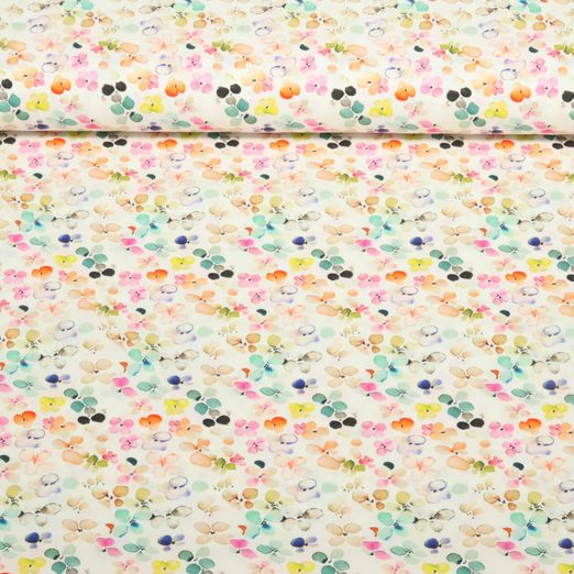 Baumwoll-Popeline - Kleine Blüten Weiß Fuchsia