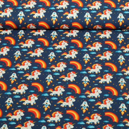 Baumwoll-Popeline - Einhörner Raketen Marine