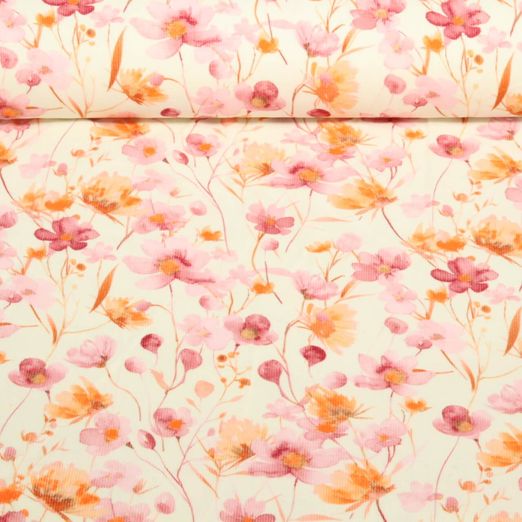 Babycord - Digitaldruck Aquarellblumen Beige Rosa