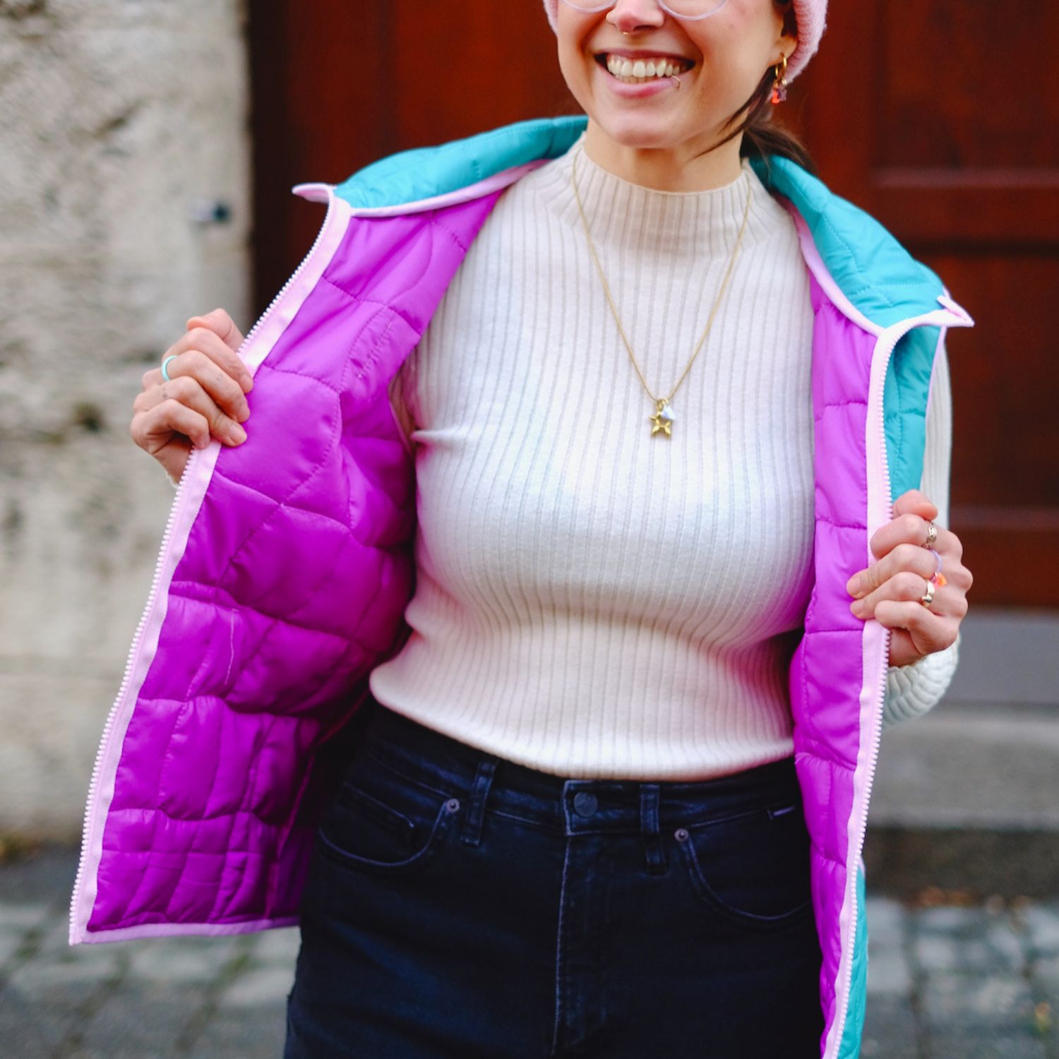 Gesteppter Jackenstoff - Quadrate Grün Pink-4 Gesteppter Jackenstoff - Quadrate Grün Pink-4