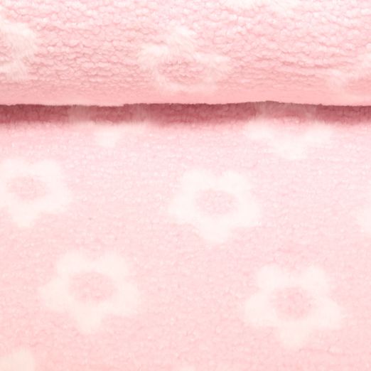 Teddyfleece - Jacquard Blumen Rosa Weiß