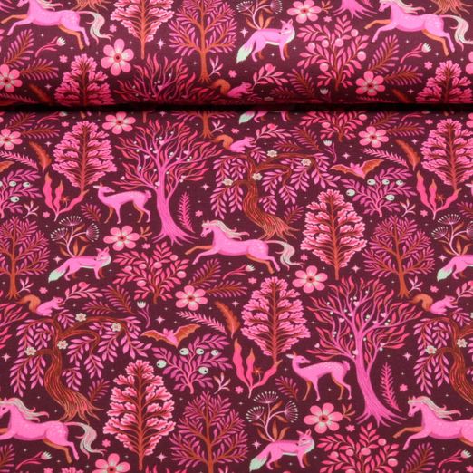 Sommersweat - French Terry Digitaldruck Wald Tiere Bordeaux