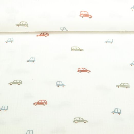 Baumwoll Musselin - Kleine Autos Offwhite