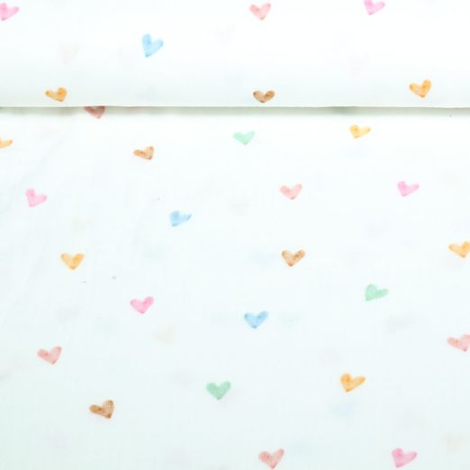 Baumwoll Musselin - Bunte Herzen Offwhite
