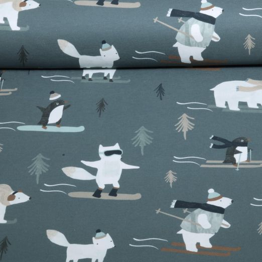 Sommersweat - French Terry Digitaldruck Skifahrer Tiere Grün