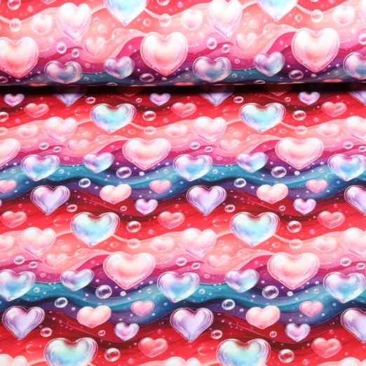 Sommersweat - French Terry Digitaldruck Herzen Wellen Rot