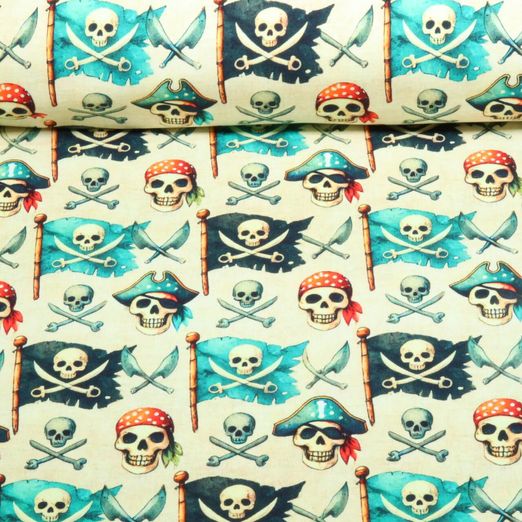 Sommersweat - French Terry Digitaldruck Piratenflaggen Beige