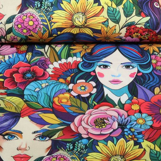 Baumwoll-Canvas - Digitaldruck Gesichter und Blumen Multicolor