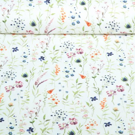 Baumwoll-Canvas - Digitaldruck Blumen und Gräser Weiß