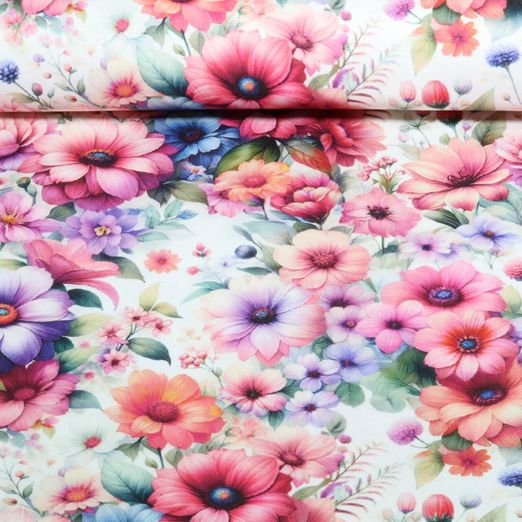 Baumwoll-Canvas - Digitaldruck Blumenstrauß Lila Weiß