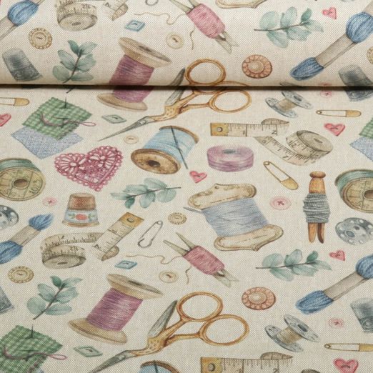 Canvas Recycelt  - Digitaldruck Leinenlook Nähutensilien Beige
