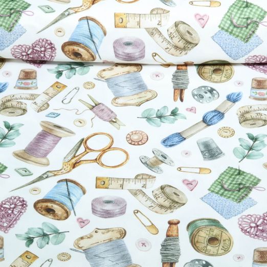 Baumwoll-Canvas - Digitaldruck Nähutensilien Weiß