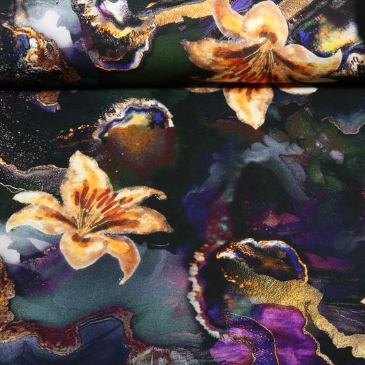 Romanit-Jersey - Digitaldruck Blumen Schwarz Violett