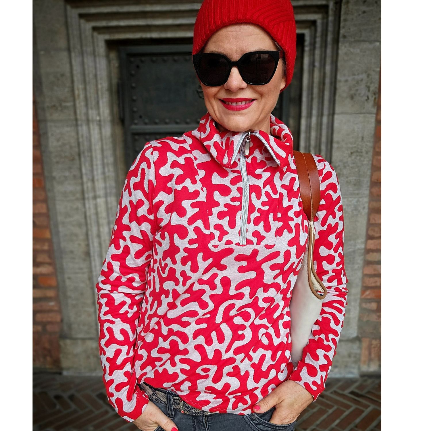 Bio Jacquard Jersey - HHL Gleam Twistmaze Doubleface Ecru Rot-1 Bio Jacquard Jersey - HHL Gleam Twistmaze Doubleface Ecru Rot-1