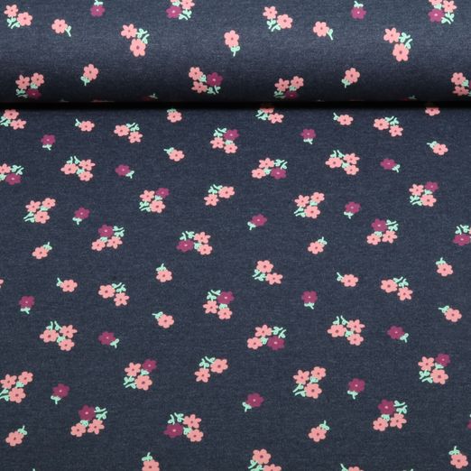Jersey - Mille Fleur Blumen Blau Melange