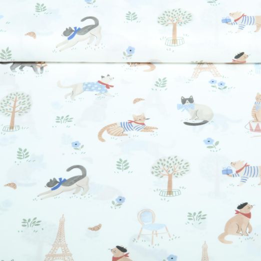 Baumwoll-Popeline - Digitaldruck Paris Katzen Weiß