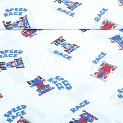 Baumwoll-Popeline - Digitaldruck Rennwagen Weiß