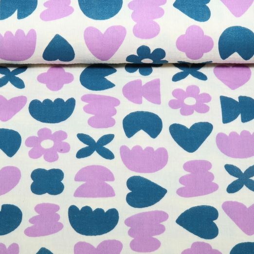 Bio Musselin Natural - Herzen Blumen Natur Petrol