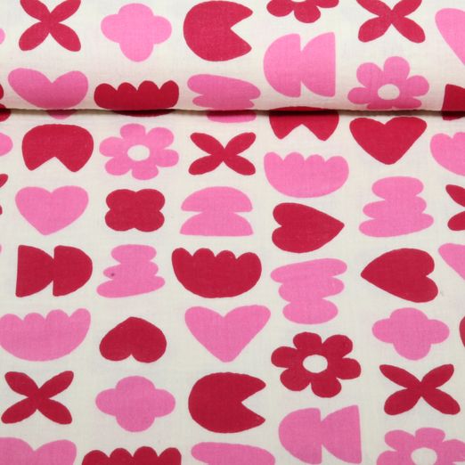 Bio Musselin Natural - Herzen Blumen Natur Rot