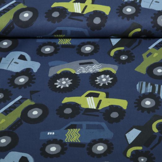 Popeline de coton - Impression numérique Monstertrucks Bleu marine
