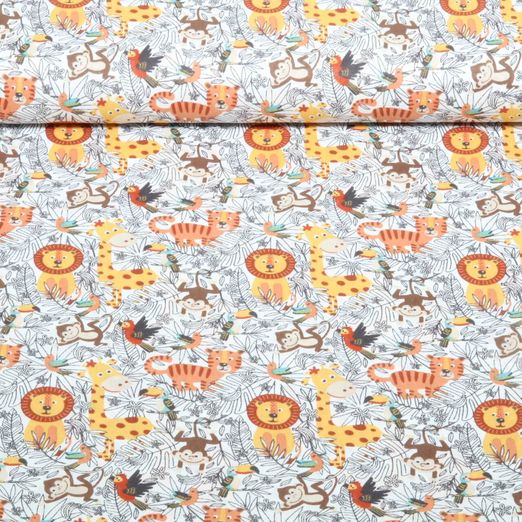 Baumwoll-Webware - Dschungeltiere Weiß Multicolor