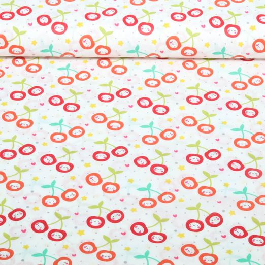 Baumwoll-Webware - Lustige Kirschen Weiß