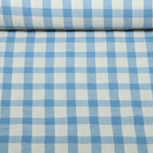 Leinen Musselin - Karo Ecru Blau Garngefärbt