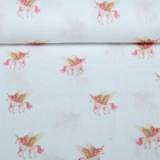 Baumwoll Musselin - Digitaldruck Einhörner Pegasus Weiß