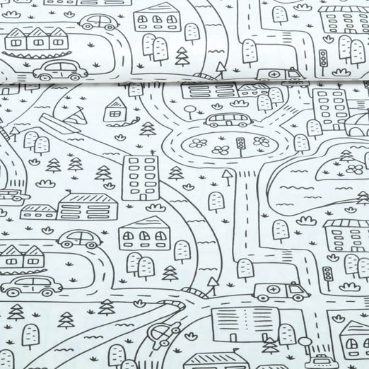 Baumwoll-Popeline - Ausmalstoff Straßenverkehr Weiß