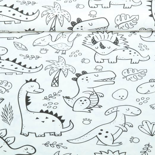 Baumwoll-Popeline - Ausmalstoff Dinos Weiß