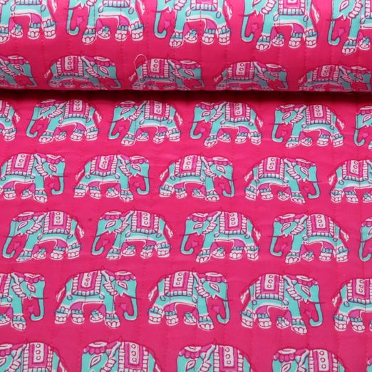 Gesteppter Jackenstoff - Doubleface Elefanten & Streifen Pink Wattiert