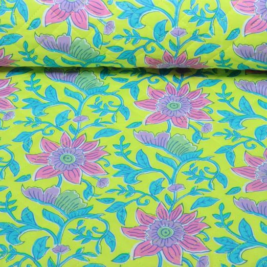 Gesteppter Jackenstoff - Doubleface Blüten & Streifen Gelb Wattiert