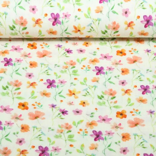 Bio Musselin Natural - Digitaldruck Aquarellblumen Ecru